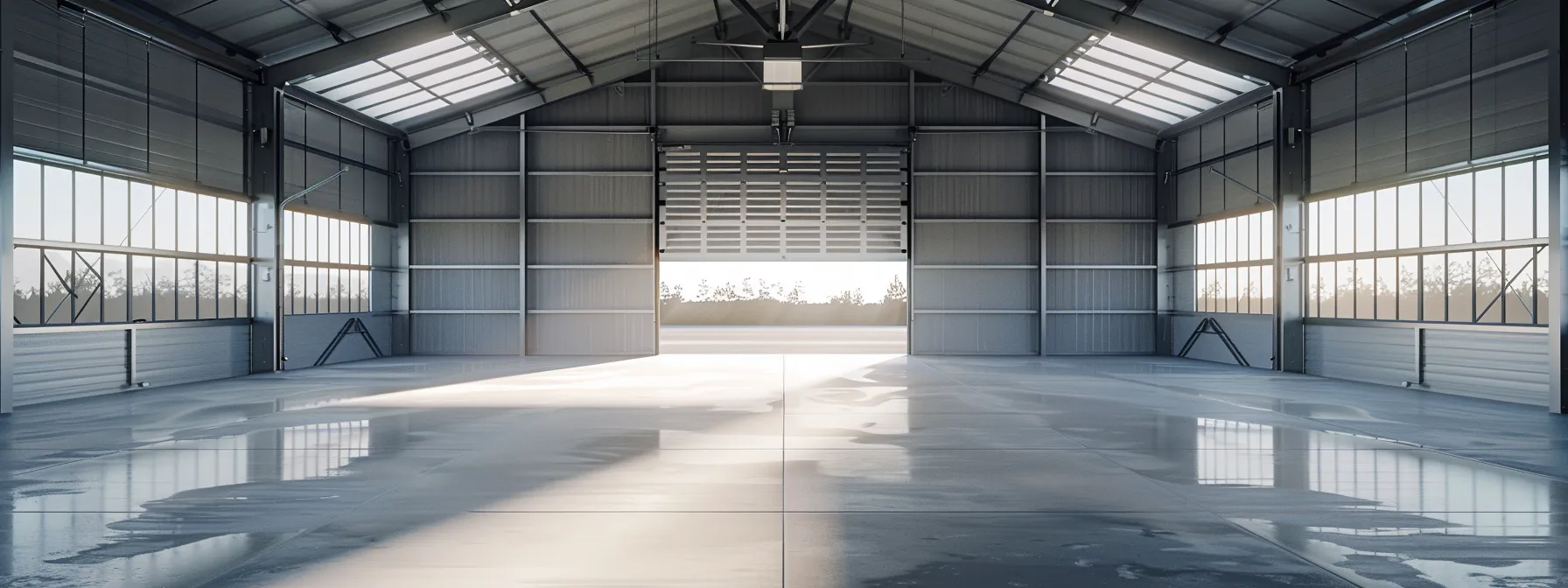 a spacious post-frame garage with large doors, wide open and ready for use.