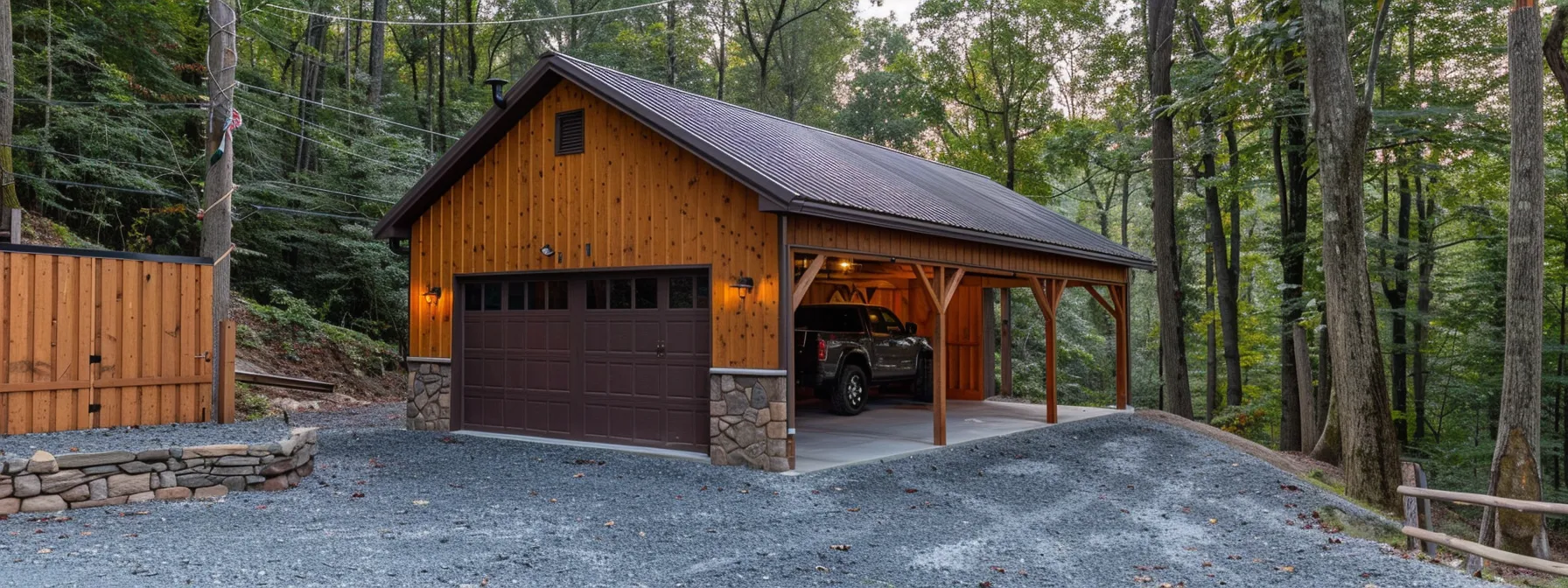 a customized post frame garage seamlessly blending in with the rural landscape of buckhannon.