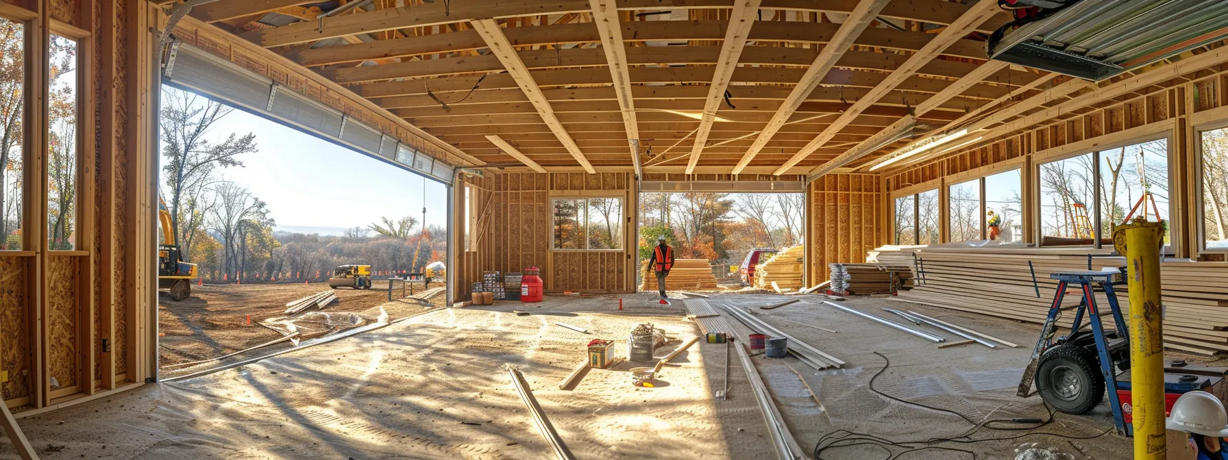 the construction crew carefully positions frame components for the post frame garage.