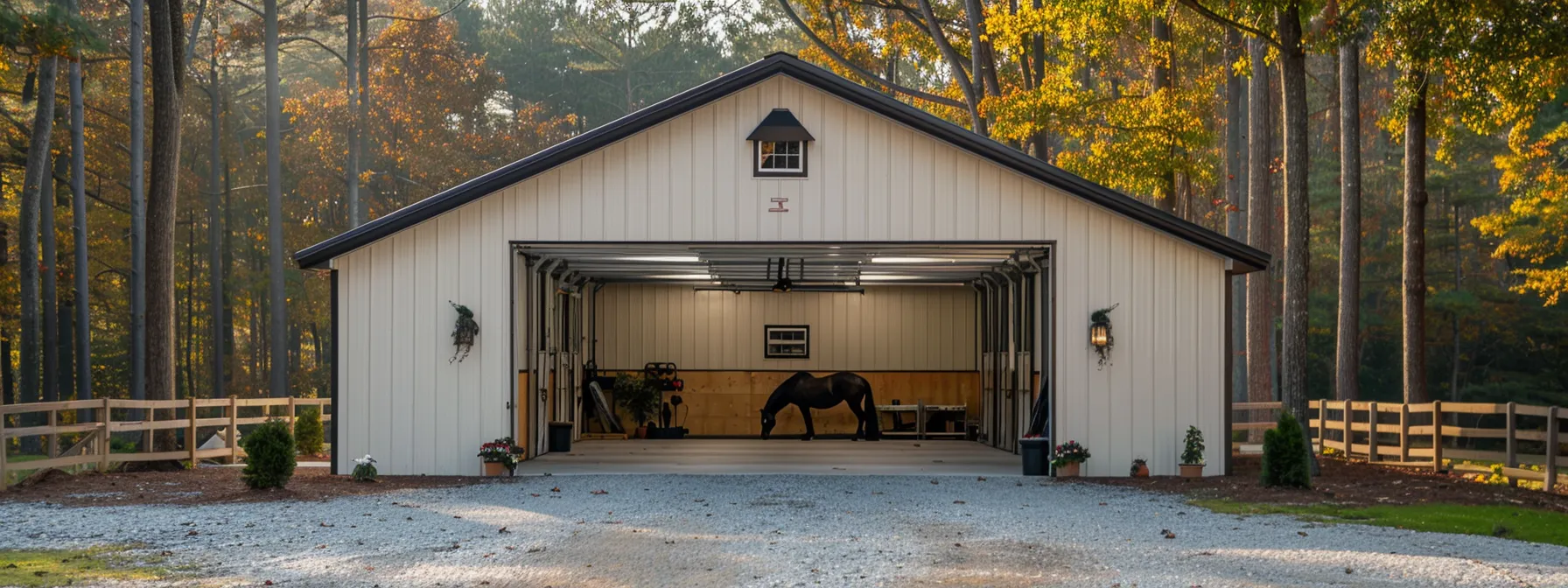 a spacious post frame garage with a stylish and sturdy roof, perfect for storing horse equipment or serving as a workspace.