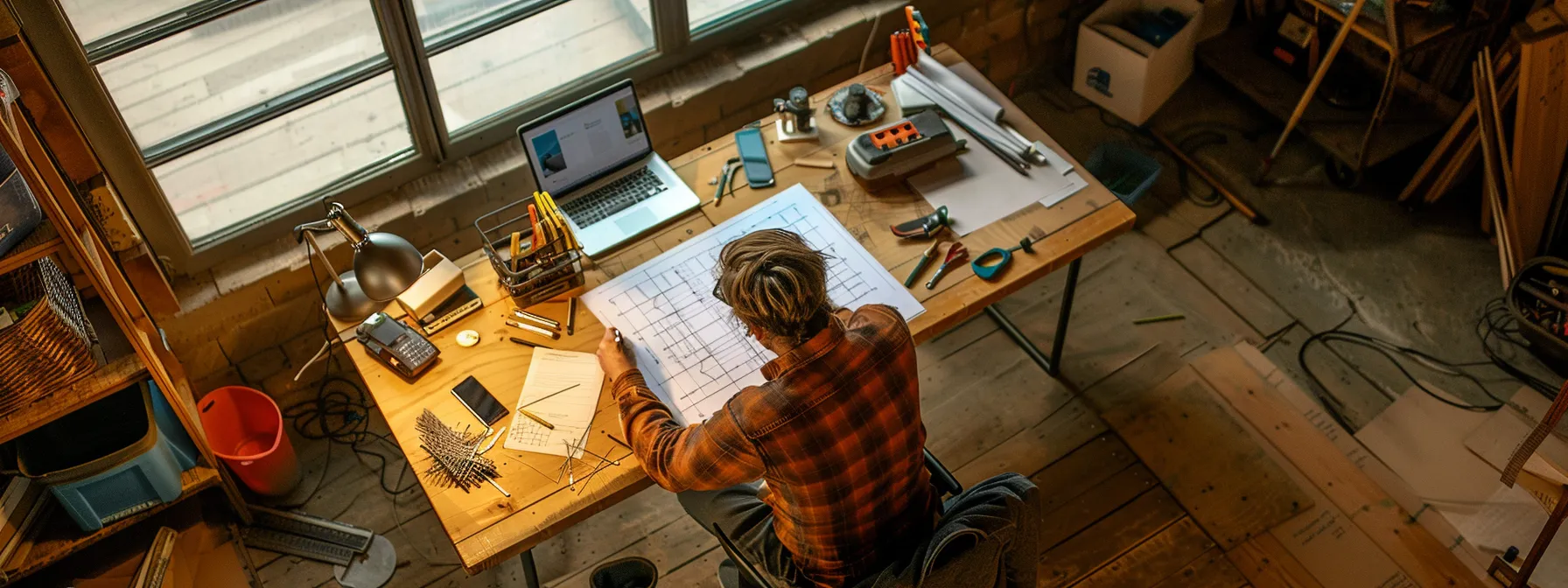 a person sitting at a desk with blueprints and a laptop, surrounded by various tools and equipment, planning the construction of a post frame garage.